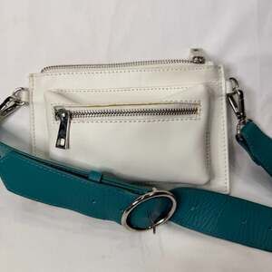 Free People Modern Pop Belt Bag, Crossbody Bag, White Leather w/Teal Belt Strap